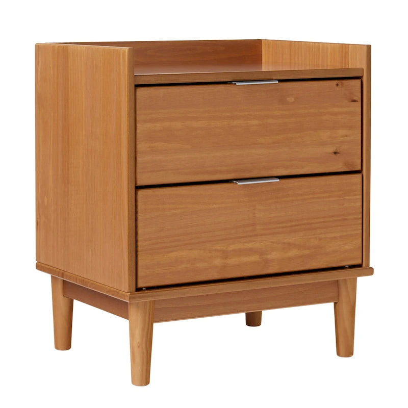 Table de chevet à 2 tiroirs en bois massif de style Mid-Century avec plateau galerie