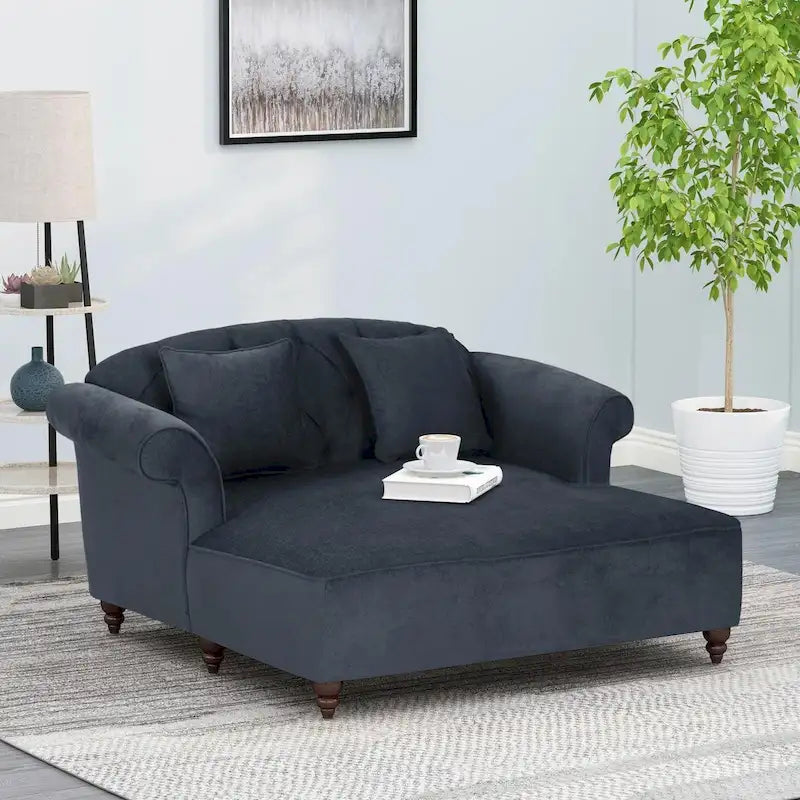 Charcoal Upholstered Double Chaise Lounge with Scroll Arms and Tufted Back