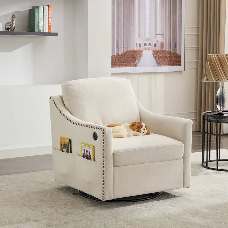 Fauteuil d'appoint moderne blanc crème de 30,3 po avec USB