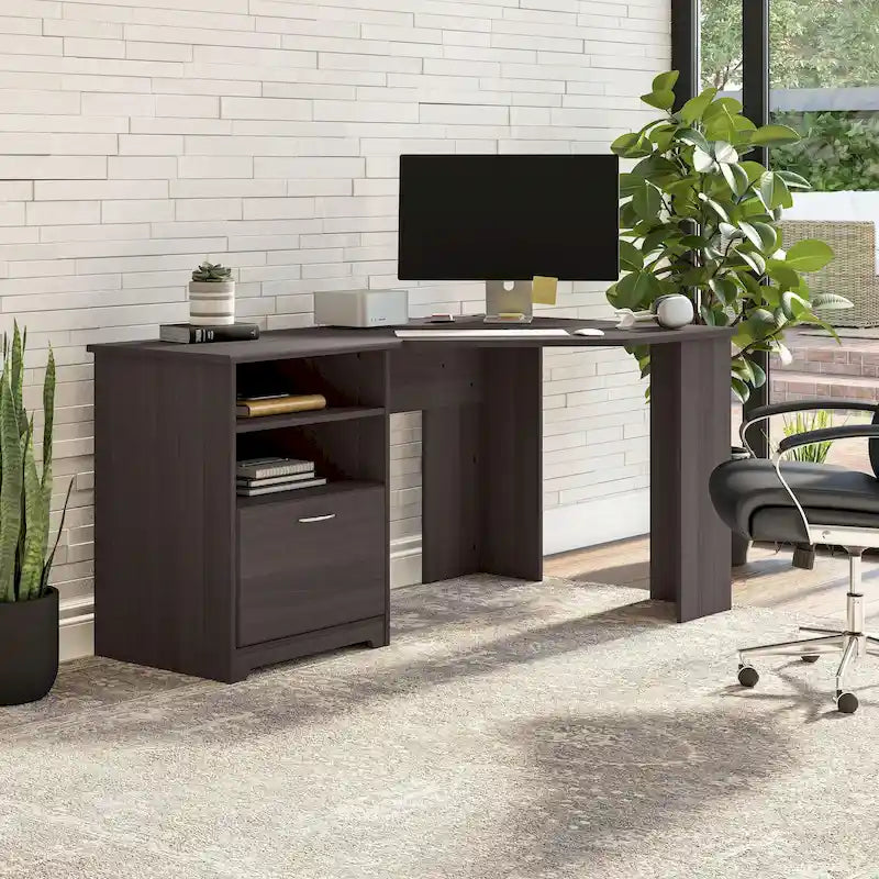 Bureau d'angle en L de 60W avec tiroir de rangement pour dossiers et gestion des câbles