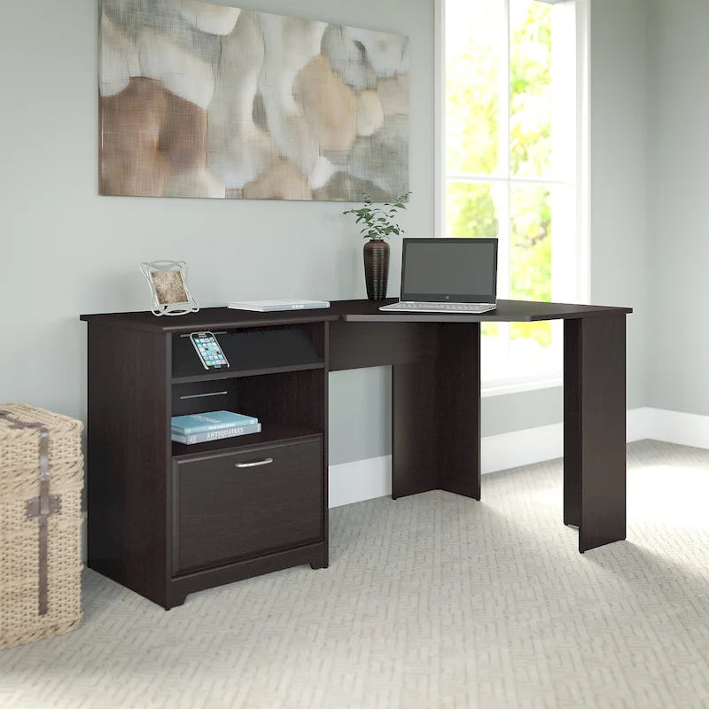 Bureau d'angle en L de 60W avec tiroir de rangement pour dossiers et gestion des câbles