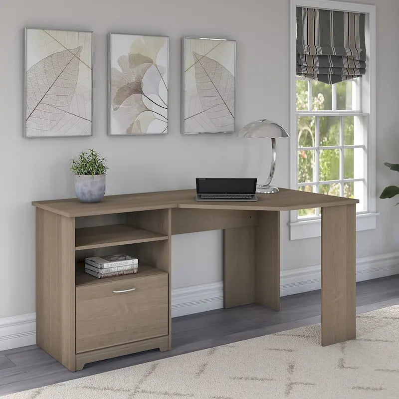 Bureau d'angle en L de 60W avec tiroir de rangement pour dossiers et gestion des câbles