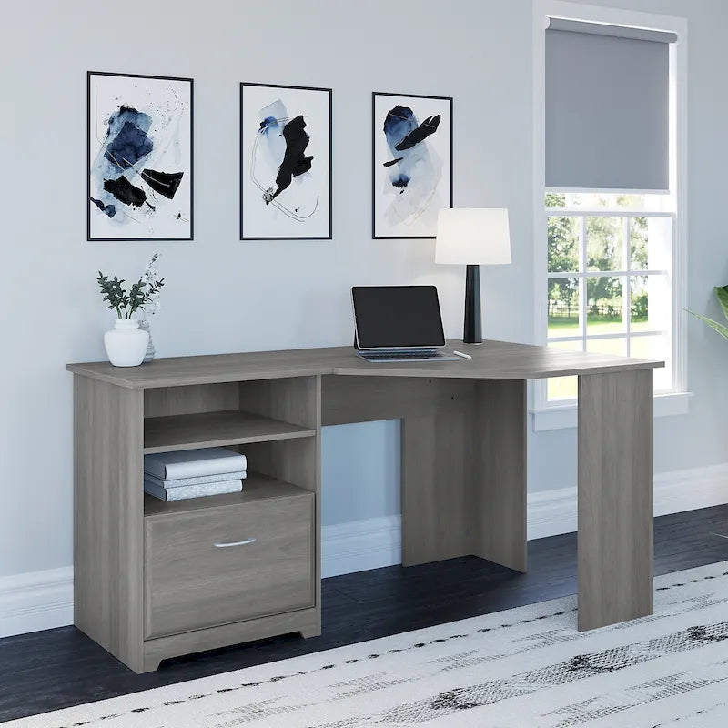 Bureau d'angle en L de 60W avec tiroir de rangement pour dossiers et gestion des câbles