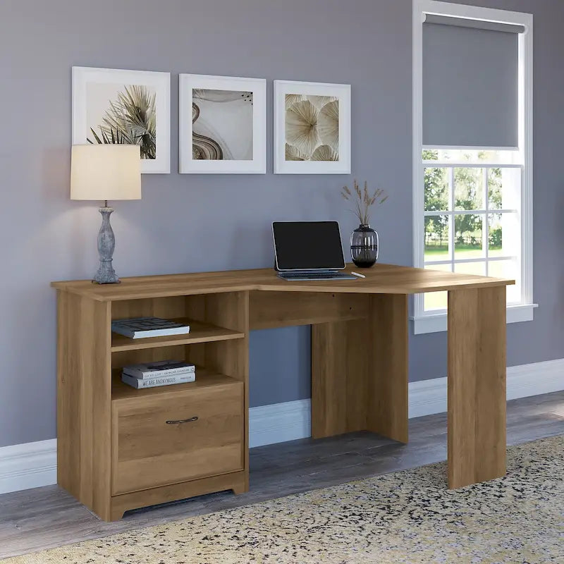 Bureau d'angle en L de 60W avec tiroir de rangement pour dossiers et gestion des câbles