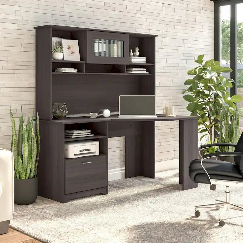 Bureau d'angle en L de 60W avec tiroir de rangement pour dossiers et gestion des câbles