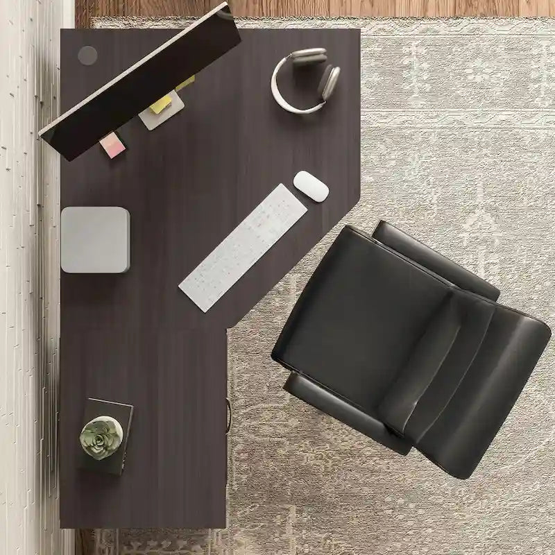 Bureau d'angle en L de 60W avec tiroir de rangement pour dossiers et gestion des câbles