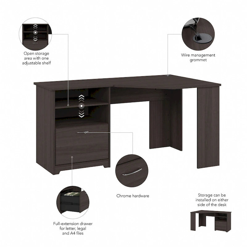 Bureau d'angle en L de 60W avec tiroir de rangement pour dossiers et gestion des câbles