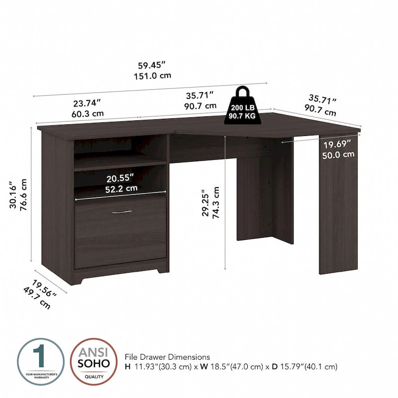 Bureau d'angle en L de 60W avec tiroir de rangement pour dossiers et gestion des câbles