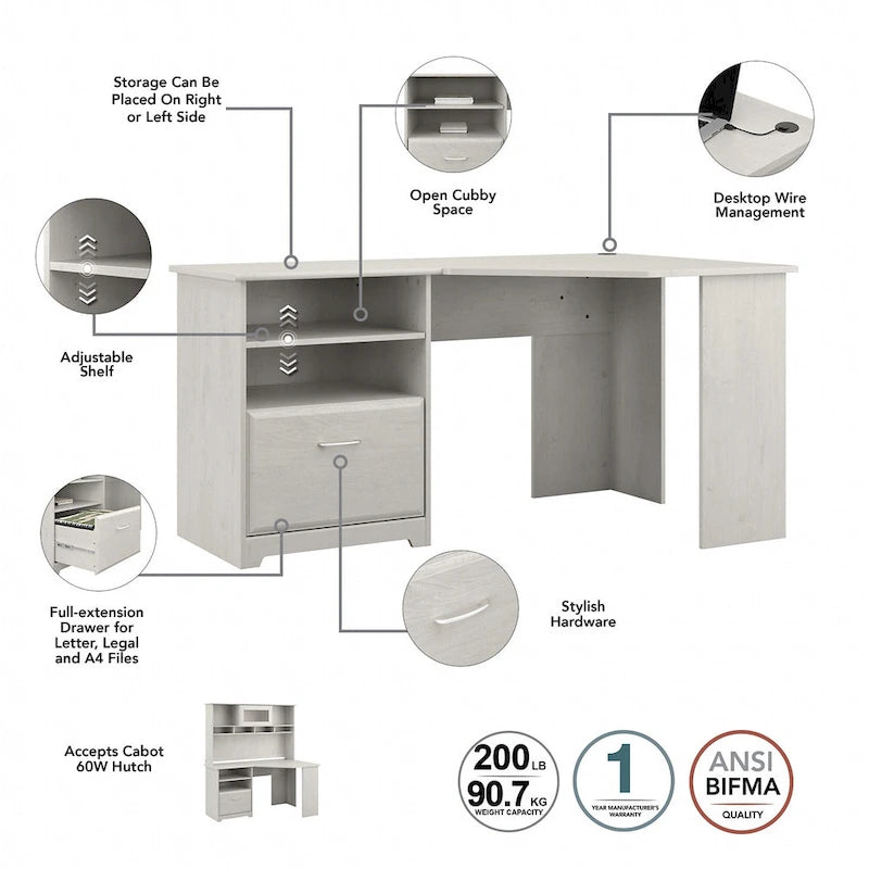 Bureau d'angle en L de 60W avec tiroir de rangement pour dossiers et gestion des câbles