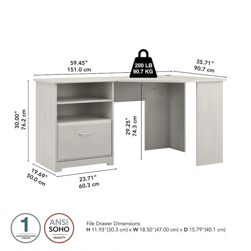 Bureau d'angle en L de 60W avec tiroir de rangement pour dossiers et gestion des câbles