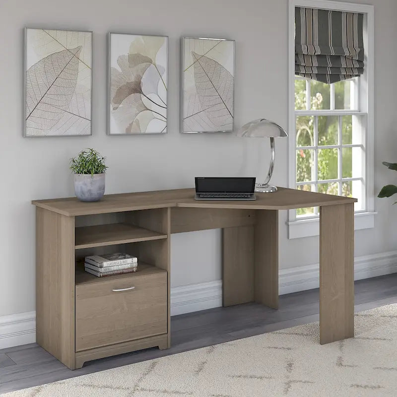 Bureau d'angle en L de 60W avec tiroir de rangement pour dossiers et gestion des câbles