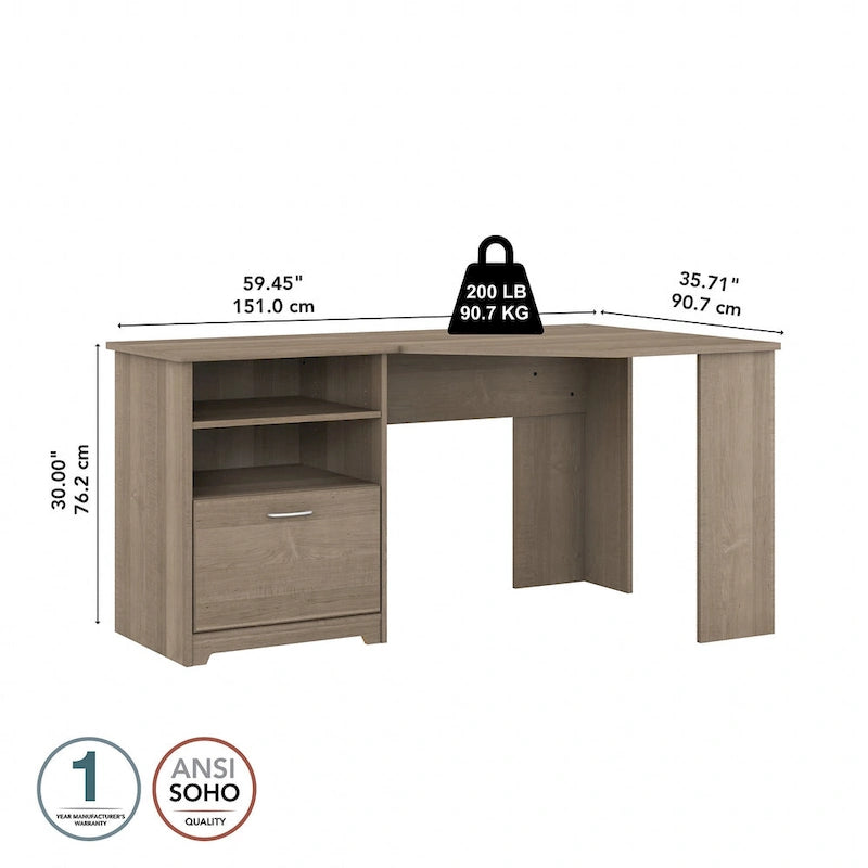 Bureau d'angle en L de 60W avec tiroir de rangement pour dossiers et gestion des câbles