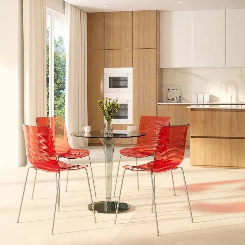 Chaise de salle à manger en acrylique transparent avec pieds chromés motif ondulé empilable