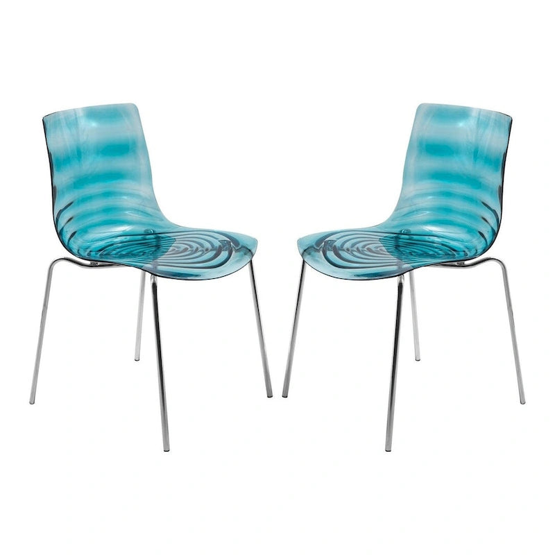 Chaise de salle à manger en acrylique transparent avec pieds chromés motif ondulé empilable