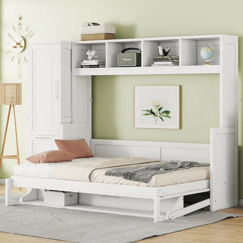 Lit escamotable mural avec armoire et tiroirs de rangement, blanc ou gris