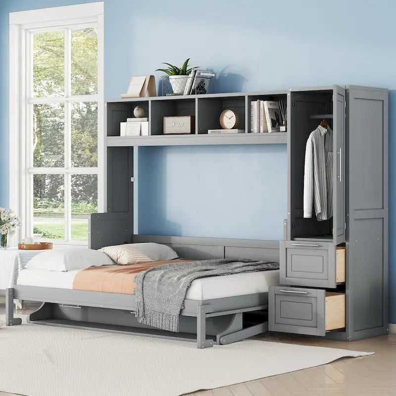 Lit escamotable mural avec armoire et tiroirs de rangement, blanc ou gris