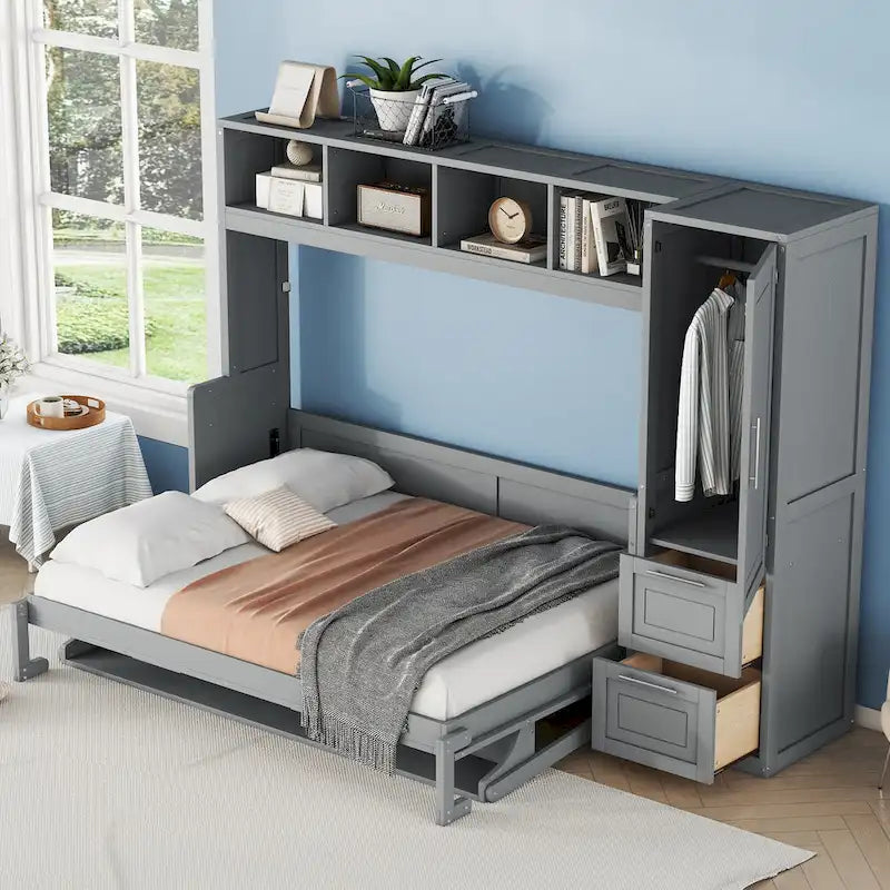 Lit escamotable mural avec armoire et tiroirs de rangement, blanc ou gris