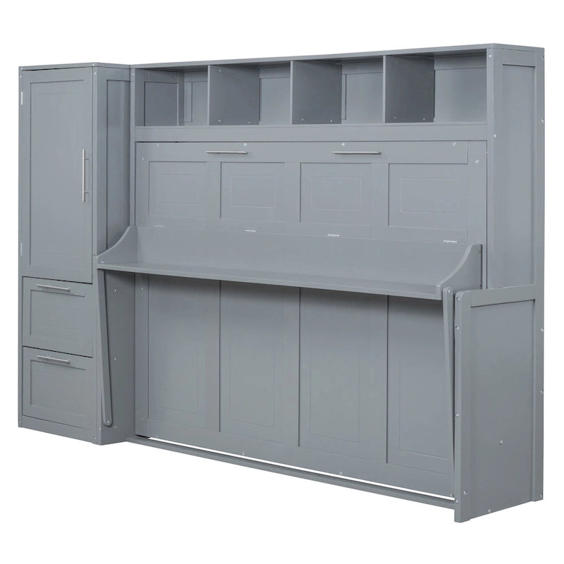 Lit escamotable mural avec armoire et tiroirs de rangement, blanc ou gris