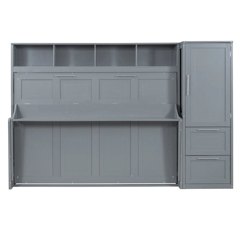 Lit escamotable mural avec armoire et tiroirs de rangement, blanc ou gris