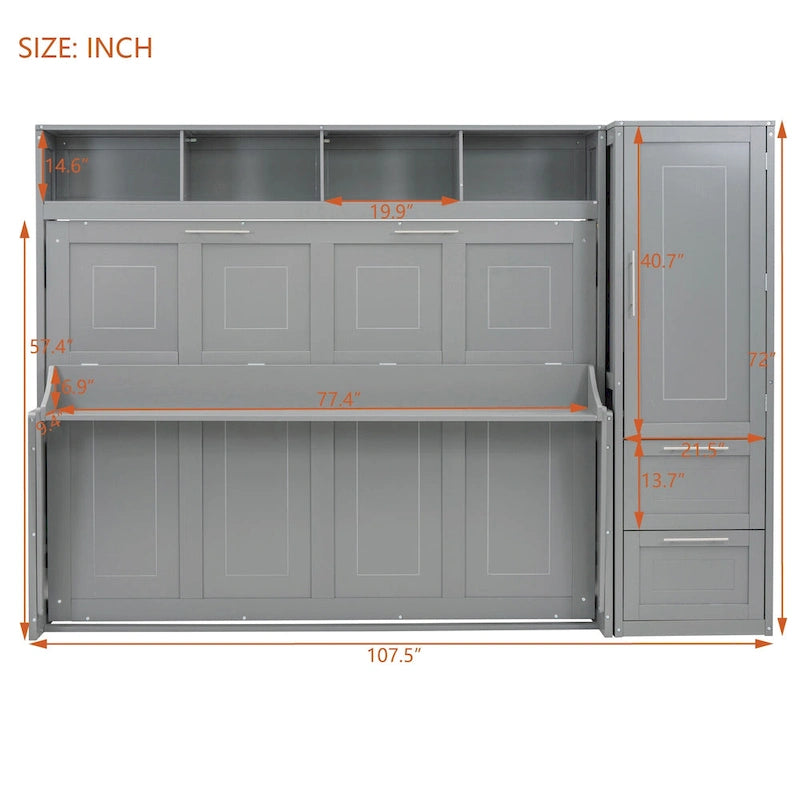 Lit escamotable mural avec armoire et tiroirs de rangement, blanc ou gris