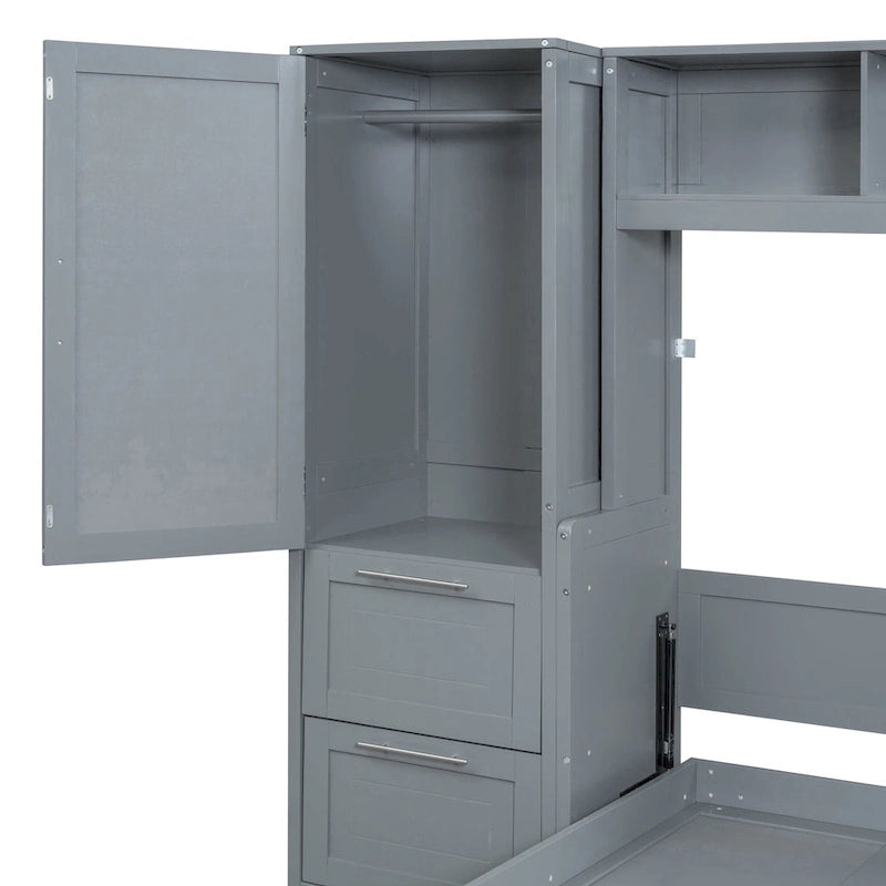 Lit escamotable mural avec armoire et tiroirs de rangement, blanc ou gris