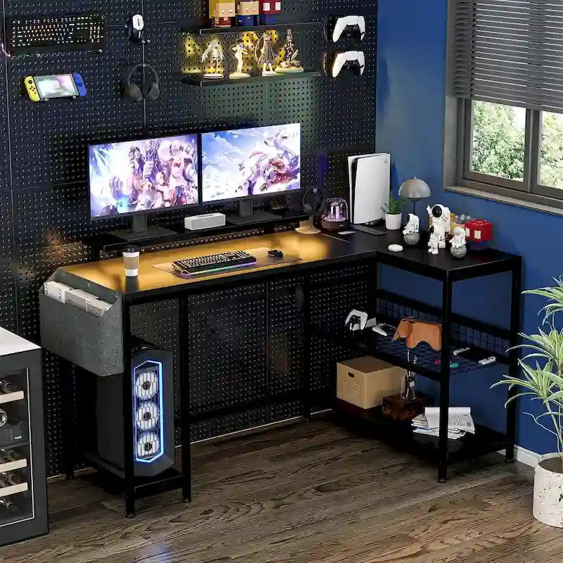 Bureau d'angle en L avec lumières LED, prises électriques, ports USB, étagères de rangement et poches latérales