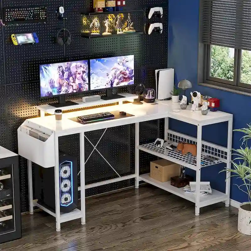 Bureau d'angle en L avec lumières LED, prises électriques, ports USB, étagères de rangement et poches latérales