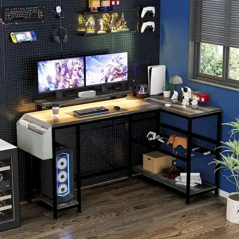 Bureau d'angle en L avec lumières LED, prises électriques, ports USB, étagères de rangement et poches latérales