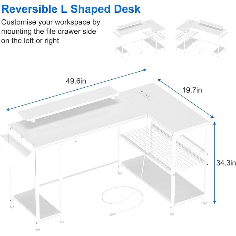 Bureau d'angle en L avec lumières LED, prises électriques, ports USB, étagères de rangement et poches latérales