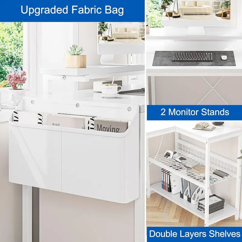Bureau d'angle en L avec lumières LED, prises électriques, ports USB, étagères de rangement et poches latérales