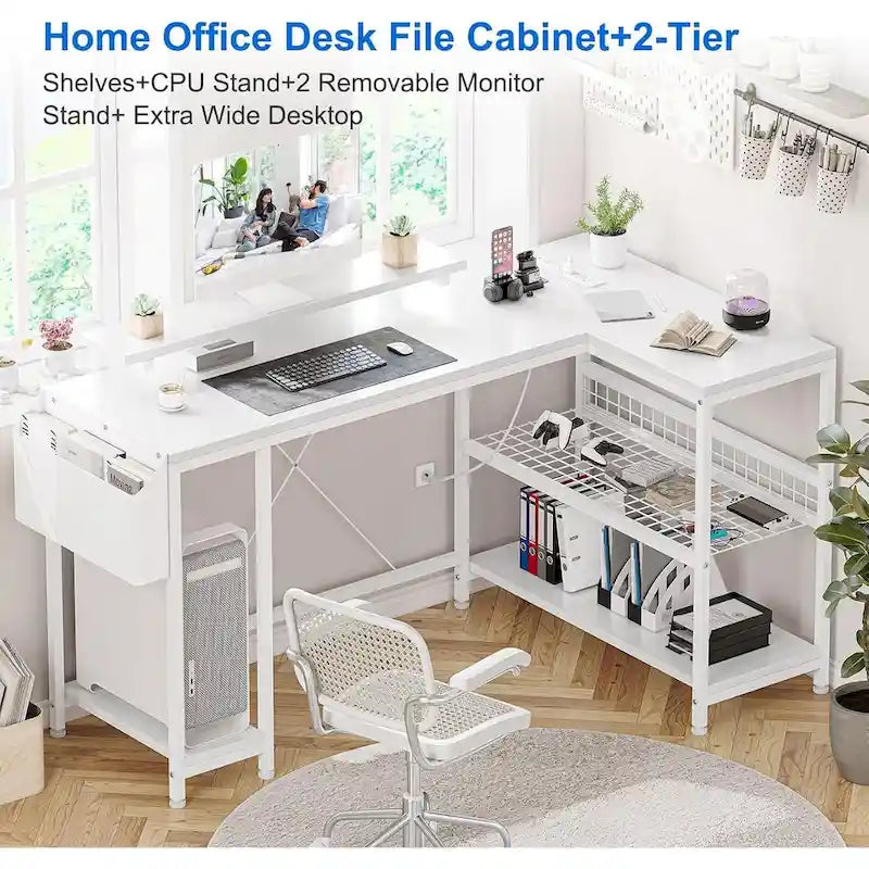 Bureau d'angle en L avec lumières LED, prises électriques, ports USB, étagères de rangement et poches latérales