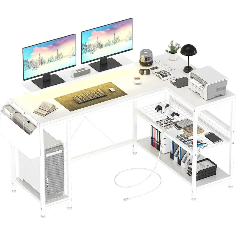 Bureau d'angle en L avec lumières LED, prises électriques, ports USB, étagères de rangement et poches latérales