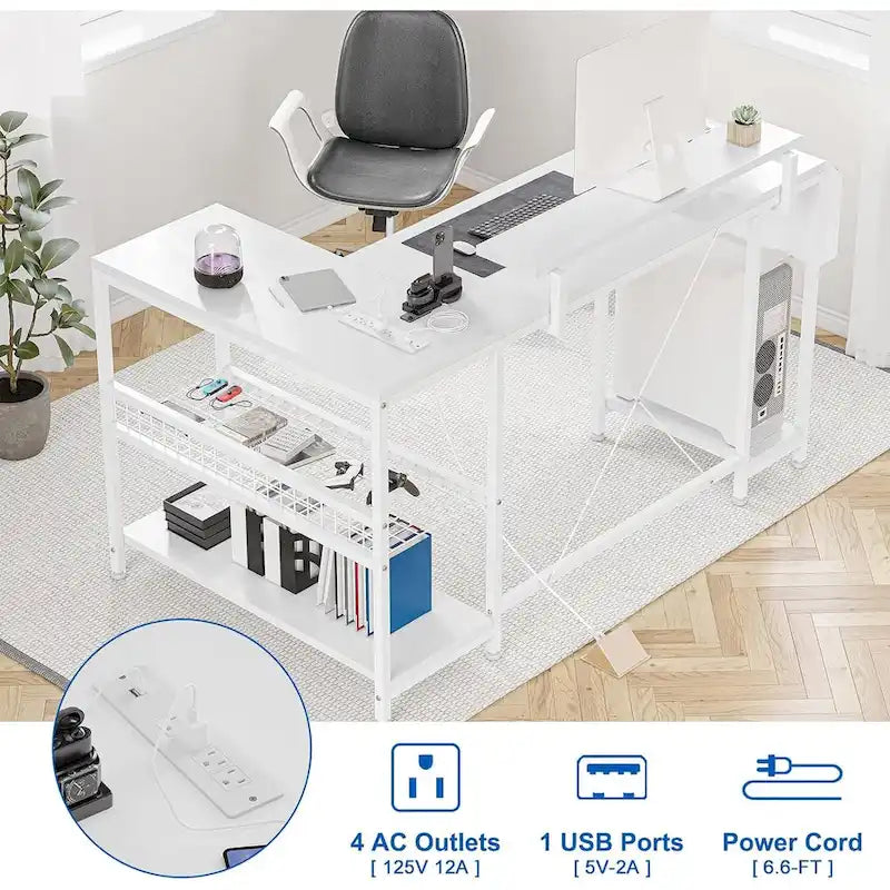 Bureau d'angle en L avec lumières LED, prises électriques, ports USB, étagères de rangement et poches latérales