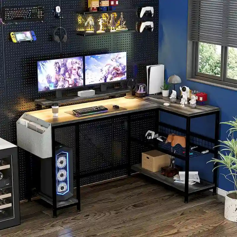 Bureau d'angle en L avec lumières LED, prises électriques, ports USB, étagères de rangement et poches latérales