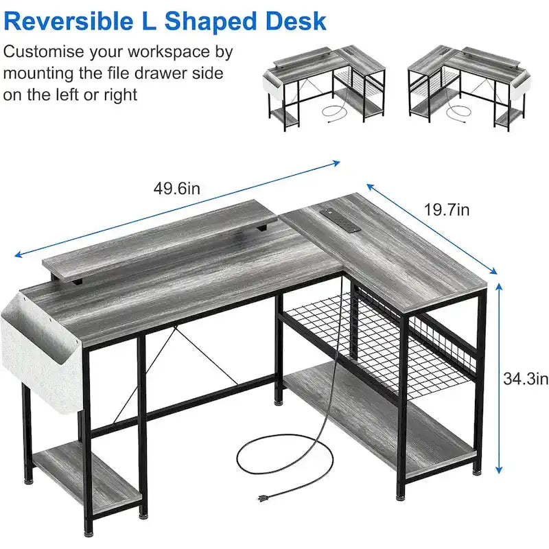 Bureau d'angle en L avec lumières LED, prises électriques, ports USB, étagères de rangement et poches latérales