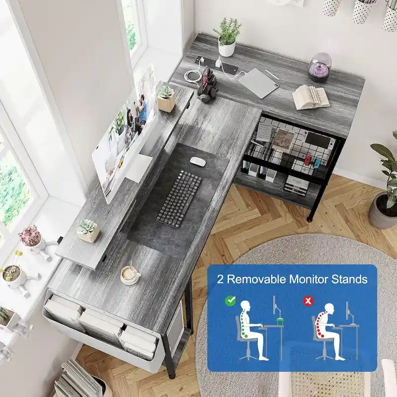 Bureau d'angle en L avec lumières LED, prises électriques, ports USB, étagères de rangement et poches latérales