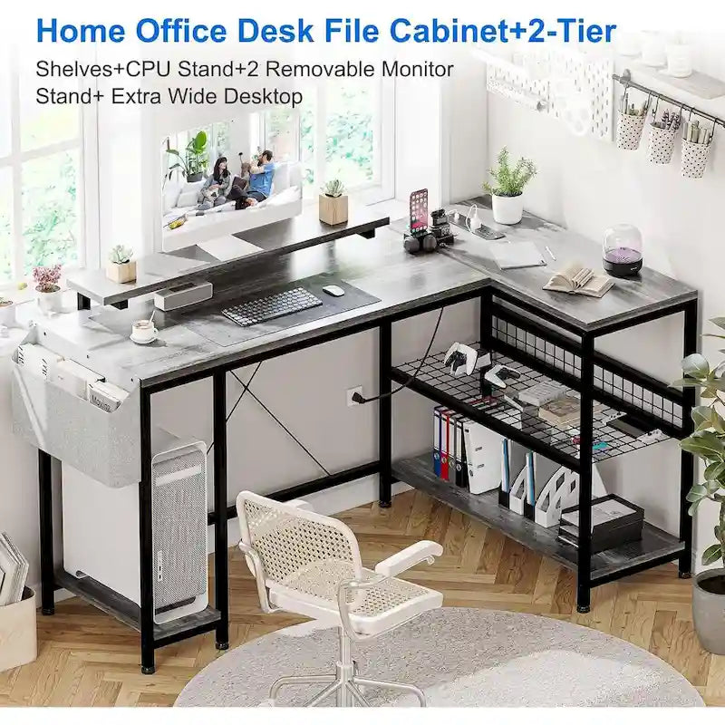 Bureau d'angle en L avec lumières LED, prises électriques, ports USB, étagères de rangement et poches latérales