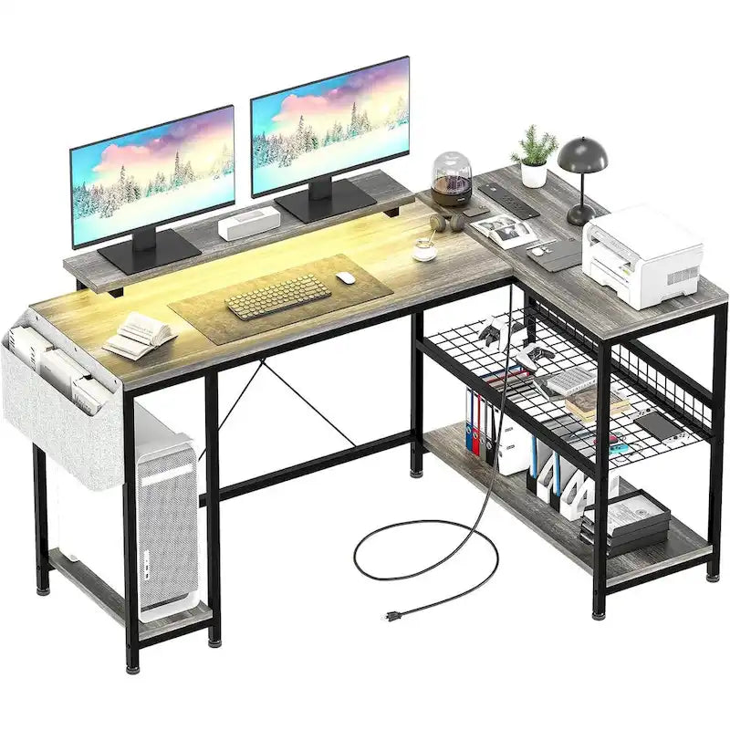 Bureau d'angle en L avec lumières LED, prises électriques, ports USB, étagères de rangement et poches latérales