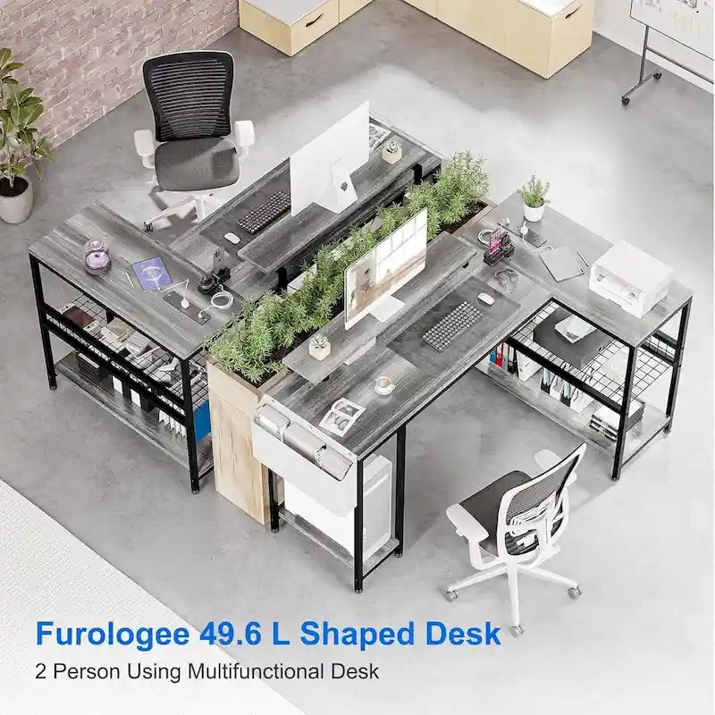 Bureau d'angle en L avec lumières LED, prises électriques, ports USB, étagères de rangement et poches latérales