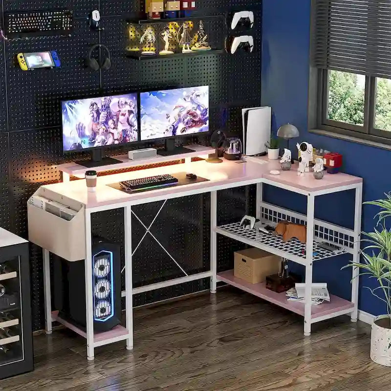 Bureau d'angle en L avec lumières LED, prises électriques, ports USB, étagères de rangement et poches latérales