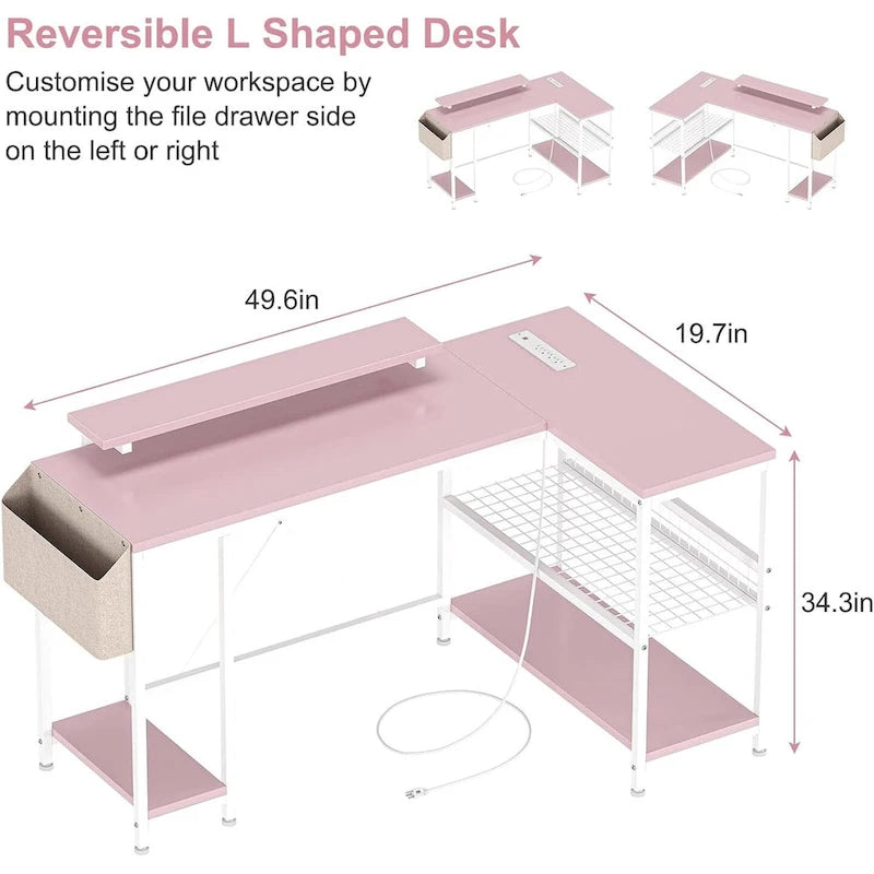 Bureau d'angle en L avec lumières LED, prises électriques, ports USB, étagères de rangement et poches latérales