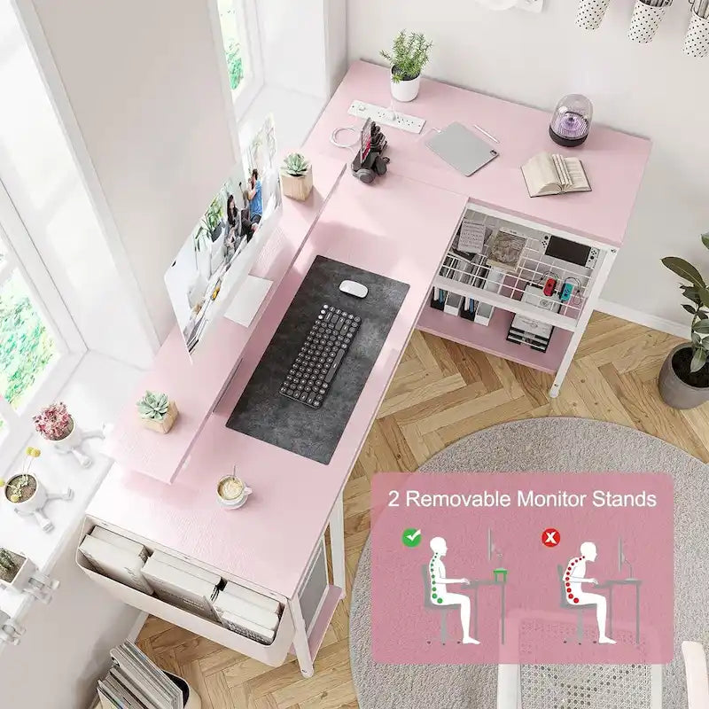 Bureau d'angle en L avec lumières LED, prises électriques, ports USB, étagères de rangement et poches latérales