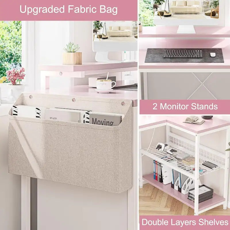 Bureau d'angle en L avec lumières LED, prises électriques, ports USB, étagères de rangement et poches latérales
