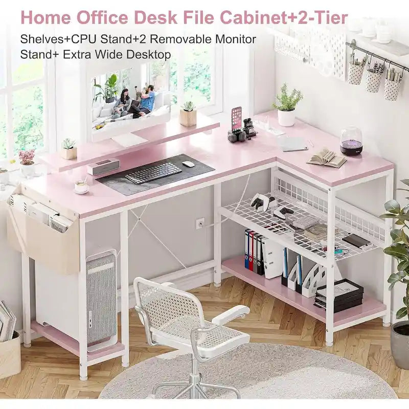 Bureau d'angle en L avec lumières LED, prises électriques, ports USB, étagères de rangement et poches latérales