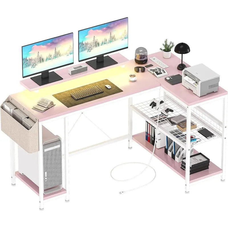 Bureau d'angle en L avec lumières LED, prises électriques, ports USB, étagères de rangement et poches latérales