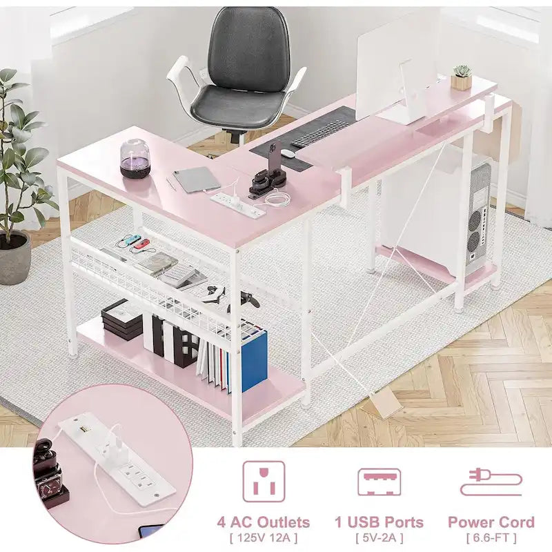 Bureau d'angle en L avec lumières LED, prises électriques, ports USB, étagères de rangement et poches latérales