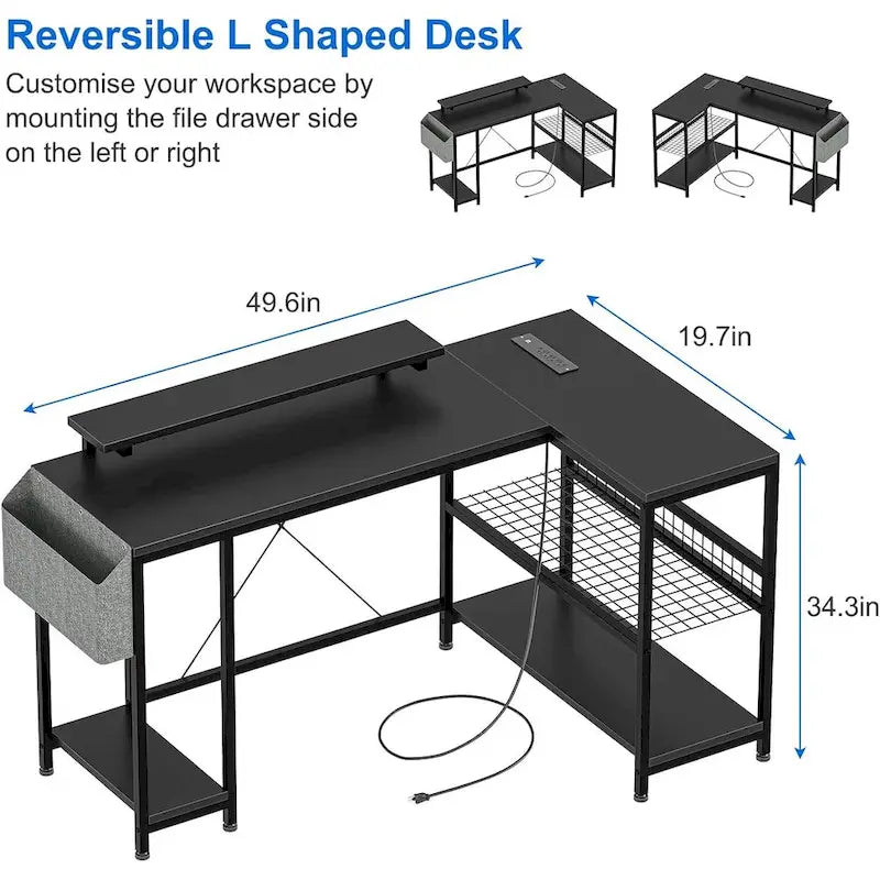Bureau d'angle en L avec lumières LED, prises électriques, ports USB, étagères de rangement et poches latérales