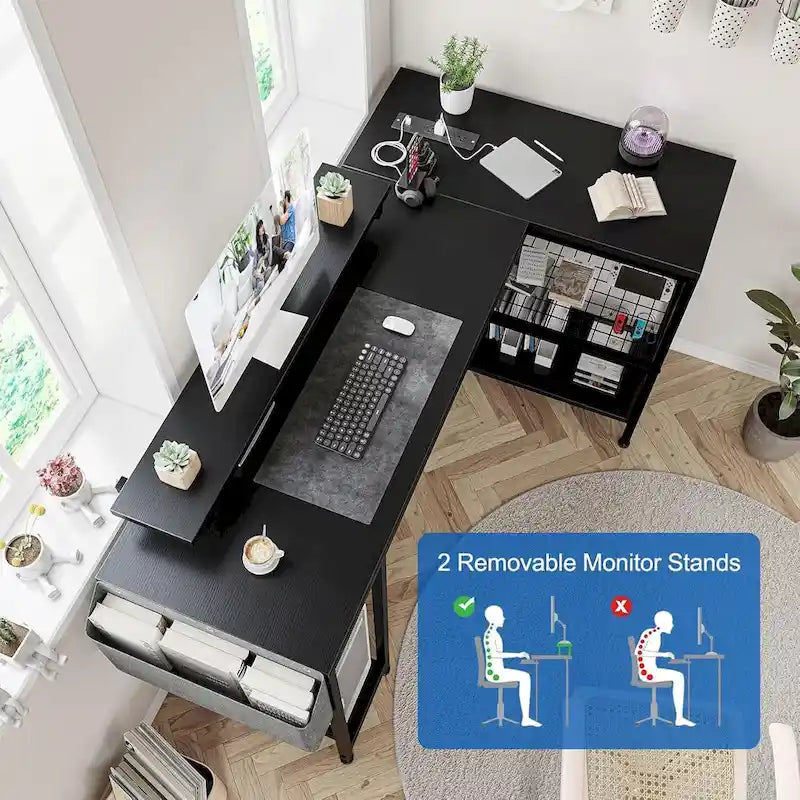 Bureau d'angle en L avec lumières LED, prises électriques, ports USB, étagères de rangement et poches latérales