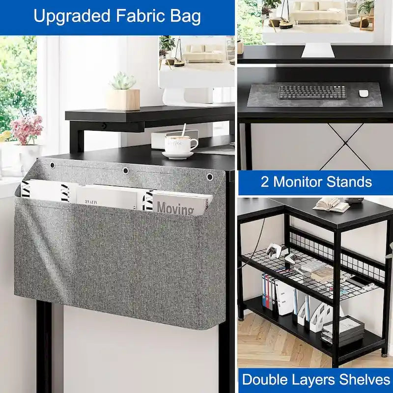 Bureau d'angle en L avec lumières LED, prises électriques, ports USB, étagères de rangement et poches latérales