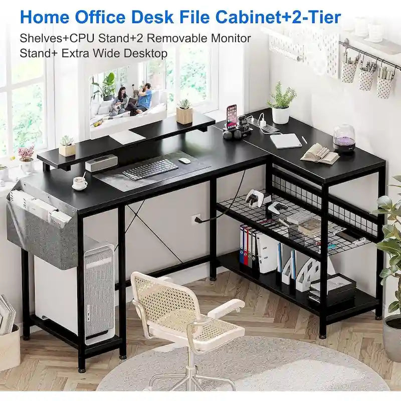 Bureau d'angle en L avec lumières LED, prises électriques, ports USB, étagères de rangement et poches latérales